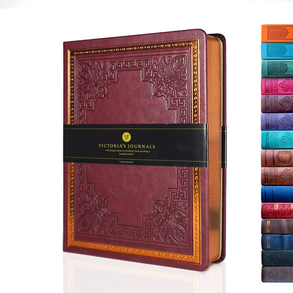 Antikes Vintage Burgunderrotes Tagebuch – 320-seitiges Notizbuch aus veganem Leder